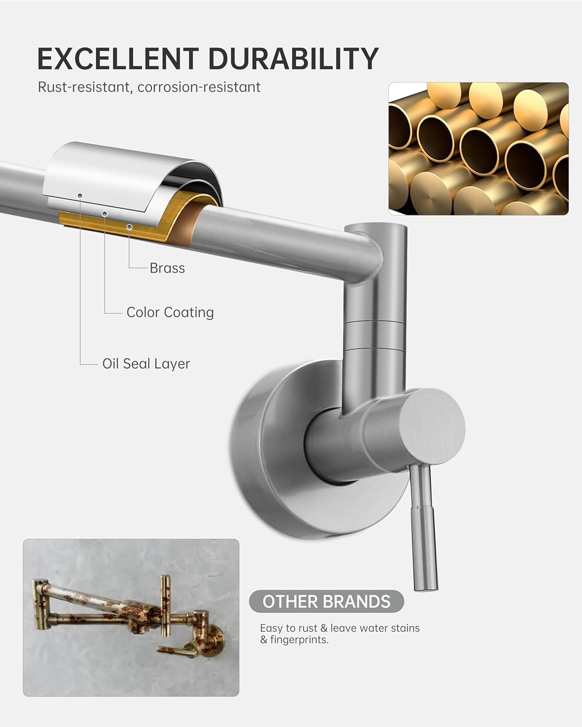 Fransiton Brushed Nickel Pot Filler, Pot Filler Faucet Wall Mount, Brass Folding Stretchable with Double Joint Swing Arm Single Hole Two Handles Kitchen Restaurant - Image 5