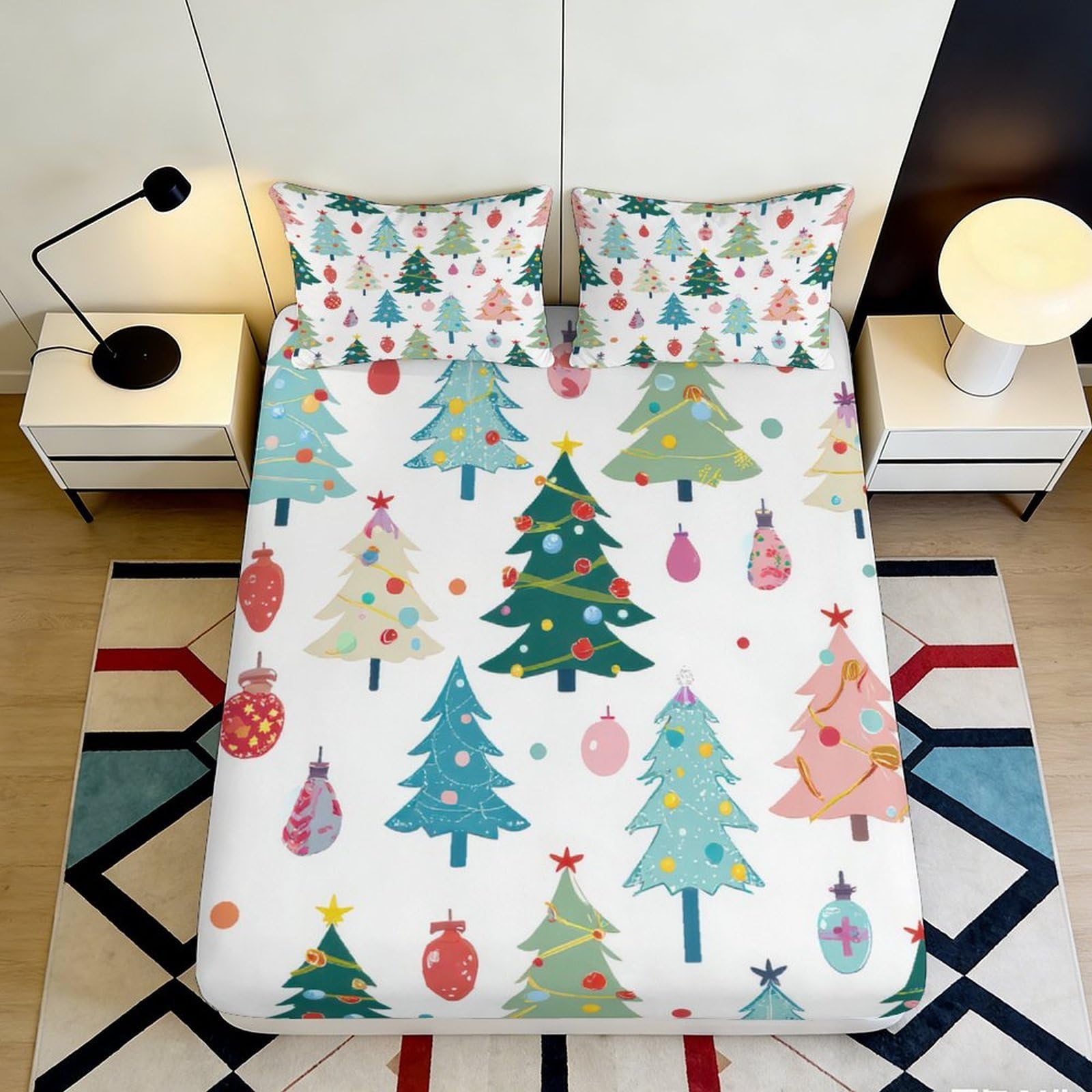 Pnayamiorkfel Style-8 3D Printed Christmas Tree Fitted Sheet Microfiber Soft Festive Ornament Bed Cover For Bedroom Guest Room Decor 90X200x25cm