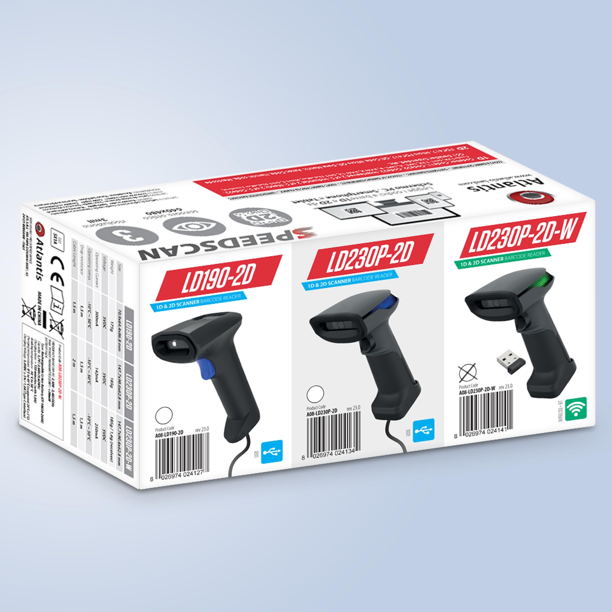 Atlantis A08-LD230P-2D-W Lettore Codici a Barre Barcode reader scanner Wireless 1D e 2D Ottico Prof (640x480), 60 fps, legge da smartphone e display, codice farmaceutico, collegamento USB,guida rapida
