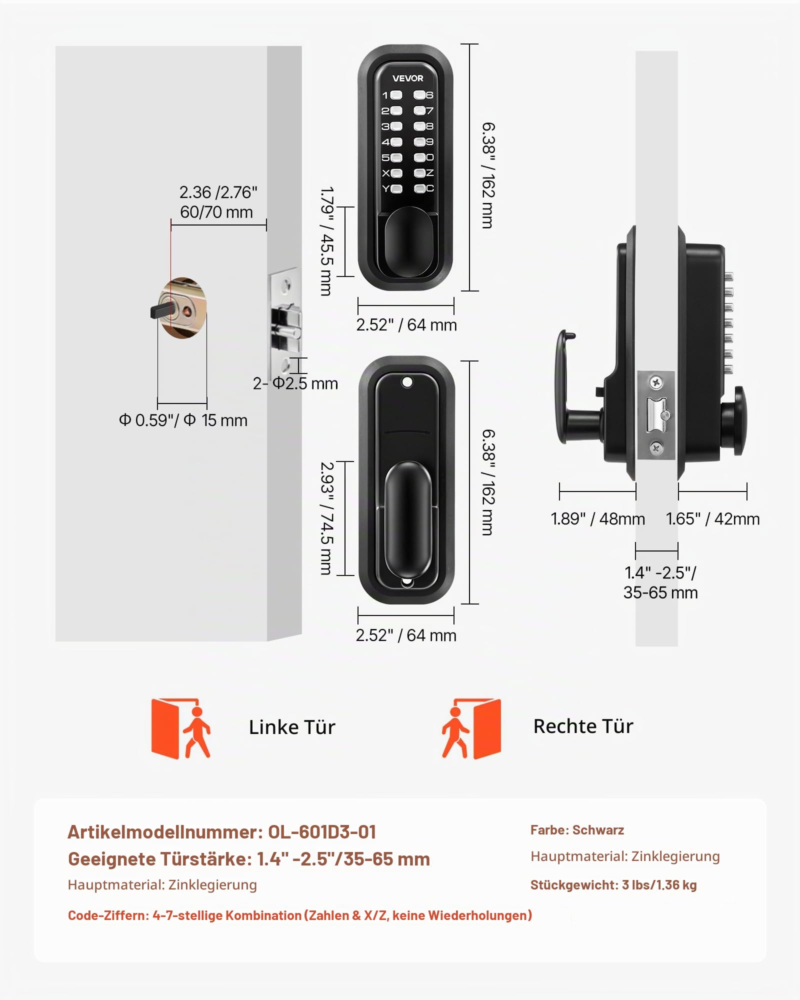 VEVOR Mechanisches Codeschloss mie Einseitigem Tastenschloss (4- bis 7-stelliger Code), Schlüsselloses Türschloss mit Griff & Knauf & Automatischer Verriegelung, für Haustüren Garagen, Schwarz
