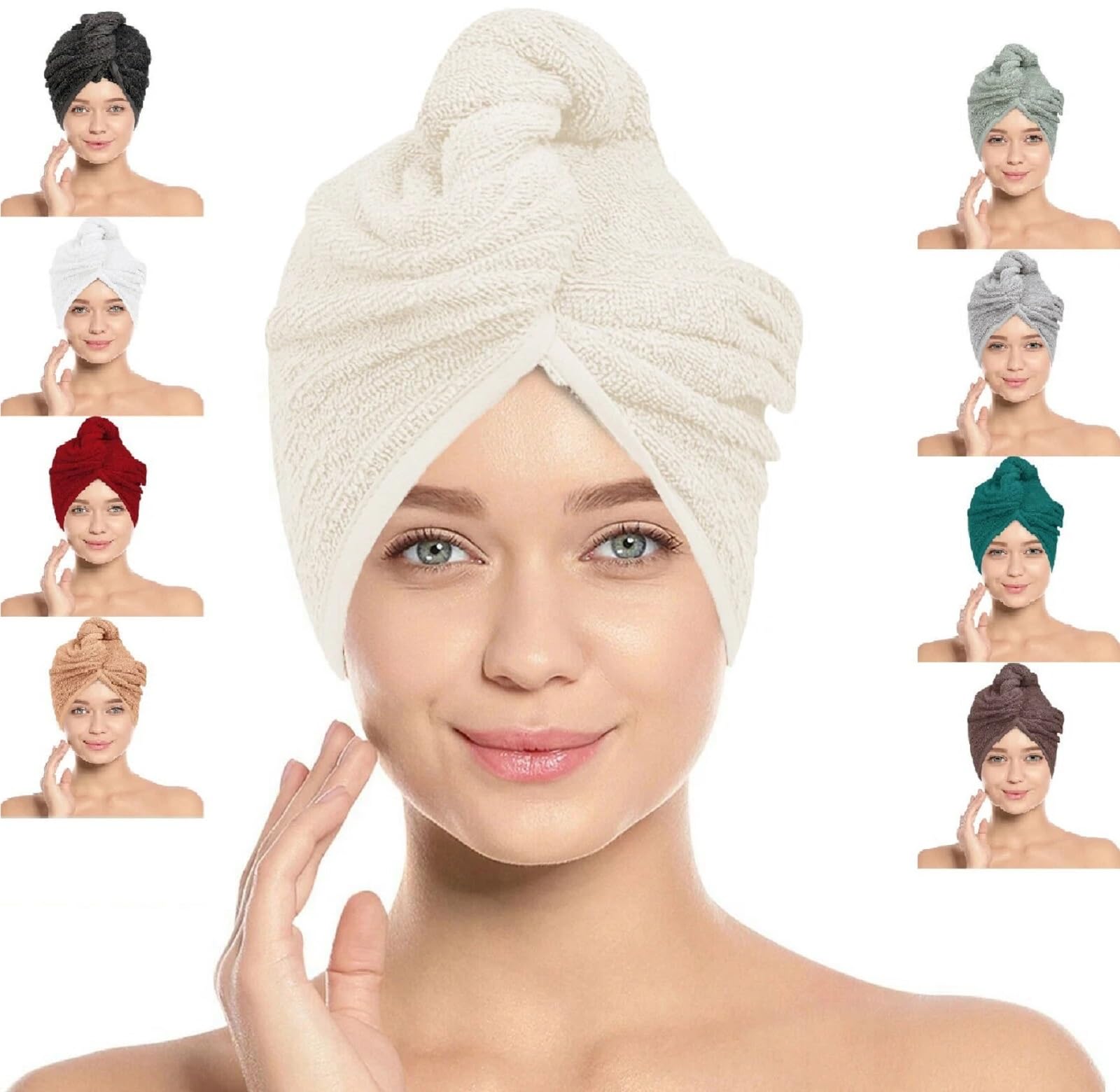BAVIN Hair Towel Wrap, 100% Pure Cotton, Rapid-Dry Hair-Drying Turban, Ultra Soft and Quick Drying Absorbent, Anti Frizz Hair Large Towel with Button Loop, 66cm x 26cm (Cream, Pack of 2)