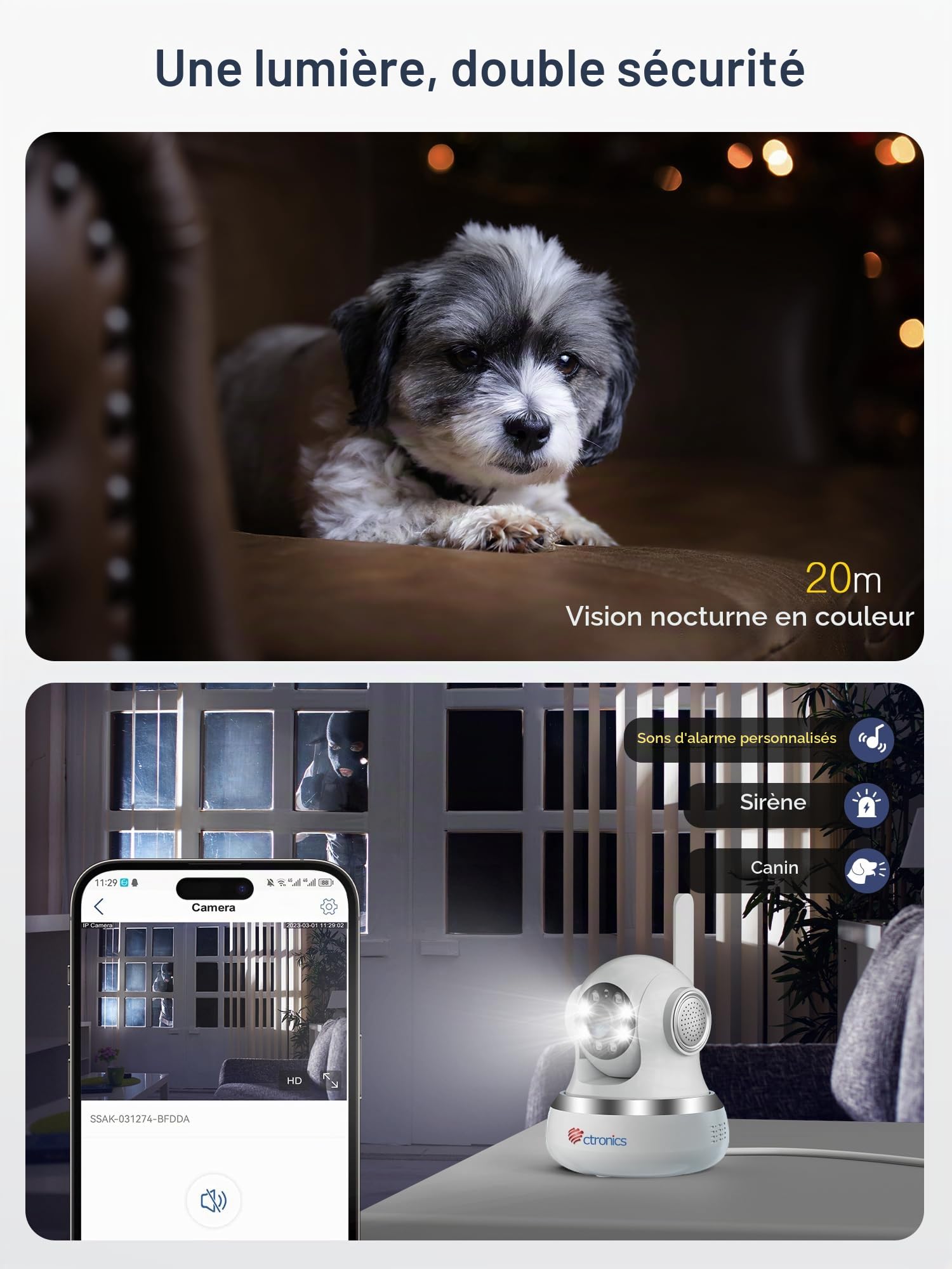 Ctronics Caméra Intérieure 4K, Suivi Auto, Vision Nocturne Couleur