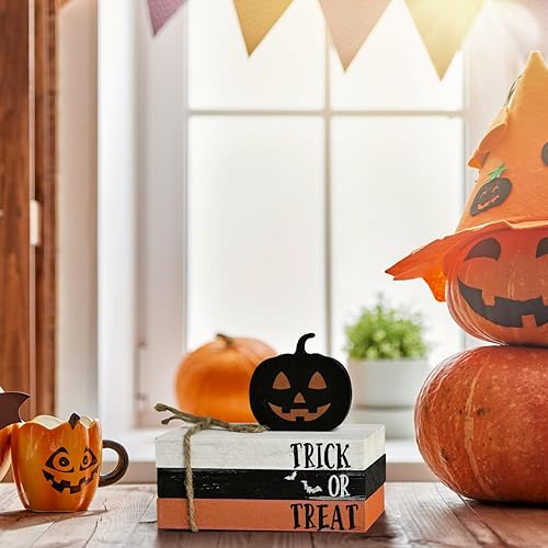 Miniatura 7 de Smile Happy - Pila de madera de Halloween, paquete de mini libros falsos de calabaza, decoración de bandeja escalonada de truco o trato, decoración