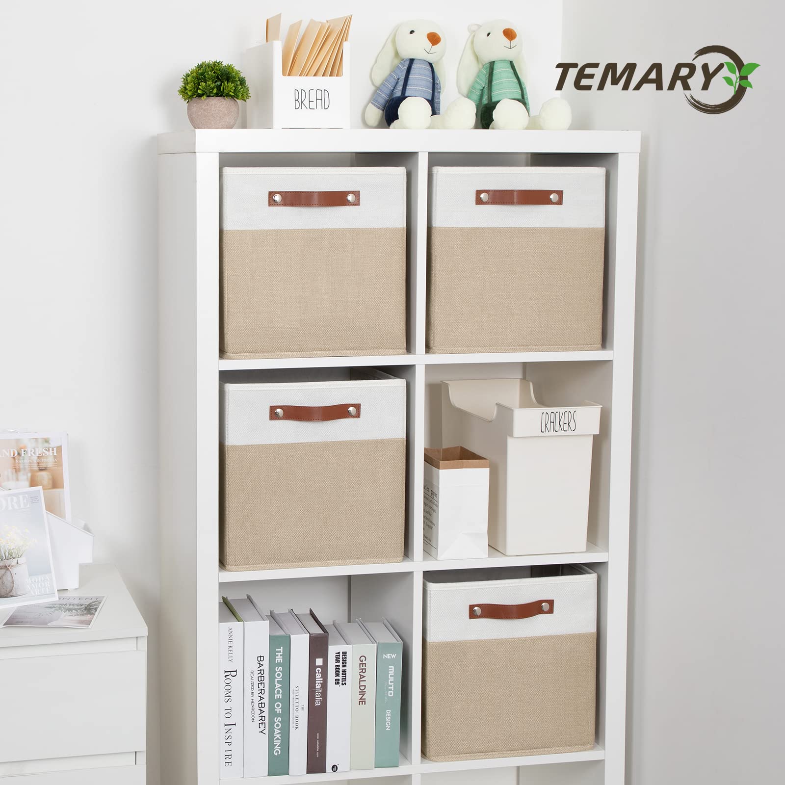 Temary Cubos de almacenamiento de tela, contenedores plegables de 12 pulgadas (paquete de 4) – Cestas de regalo vacías para organizar estantes, armarios, guardería (blanco y caqui)