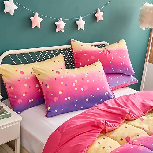 Miniatura 4 de Yogeneg Coloridos juegos de edredón de lunares para niños, tamaño individual para adolescentes, niñas y niños y mujeres, edredón de arcoíris impreso