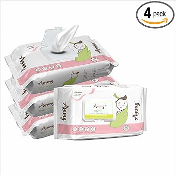 Ammy Baby Soft Cleansing Gentle Wet Wipes with Lid | Enriched With Aloe Vera, Vitamin-E & Chamomile Extract | 80 Counts, Pack of 4