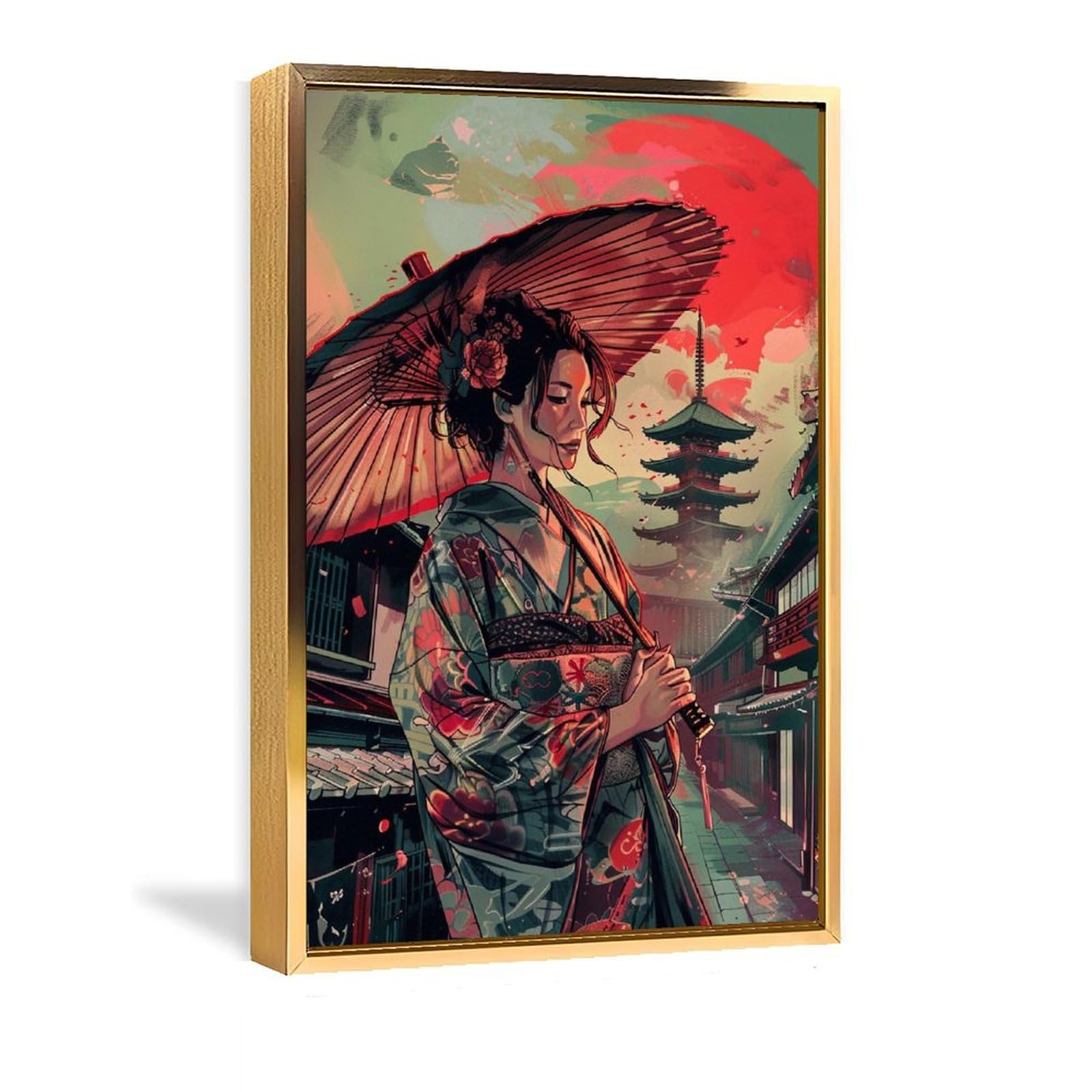 Amazon.co.jp: 着物姿の女剣士の影 と抽象スプラッシュの併存構成 絵画