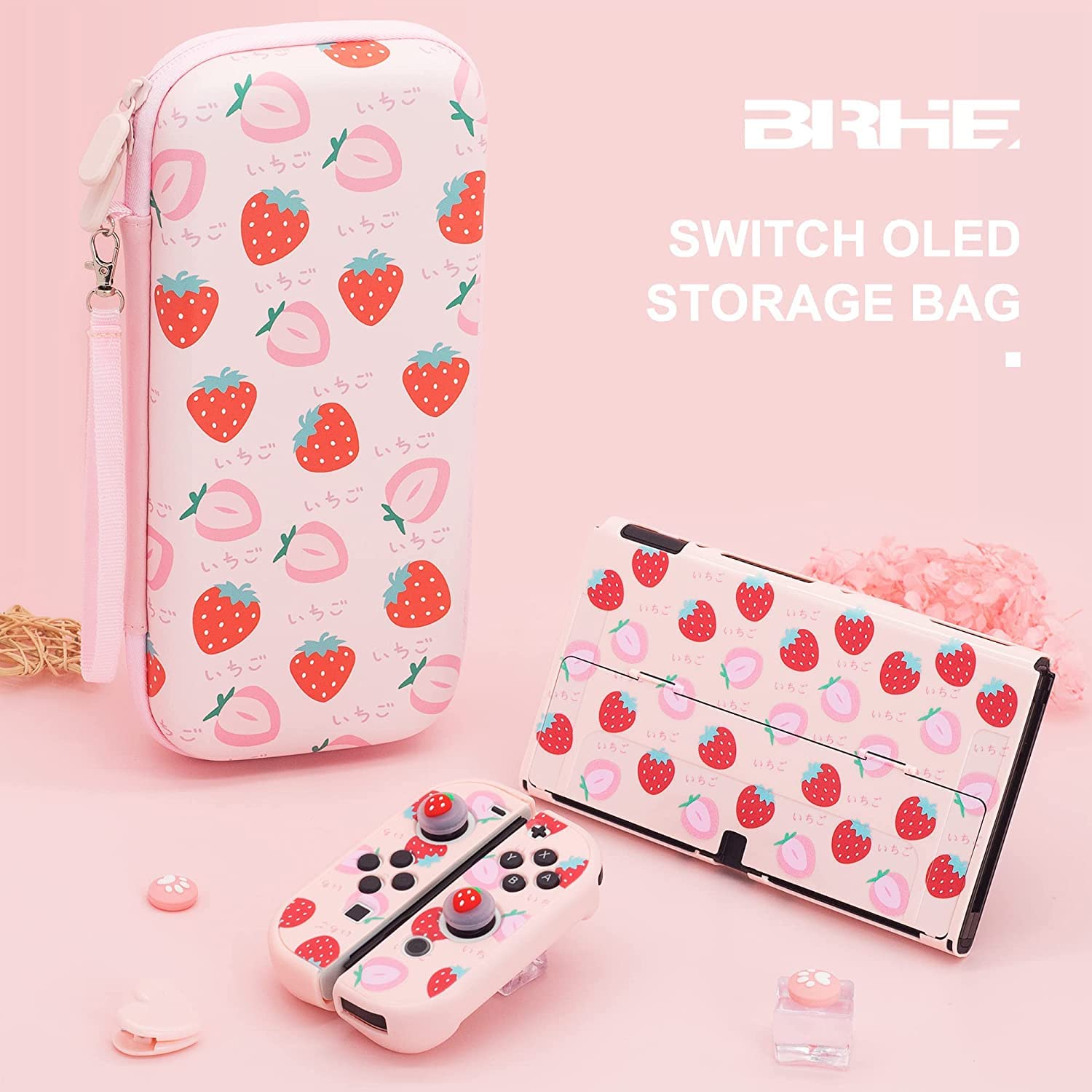 Custodia OLED per Switch di grandi dimensioni compatibile con Nintendo Switch OLED con coperchio agganciabile, custodia protettiva da viaggio carina in bundle borsa kit accessori (Rosa)