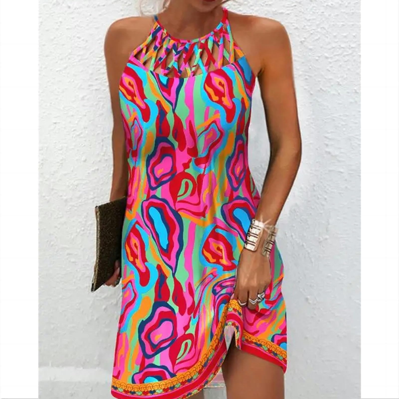 Vestito Donna Elegante Abito da Donna in Abito per Le Vacanze Stampare Cavo Casual Mini Abito Senza Maniche