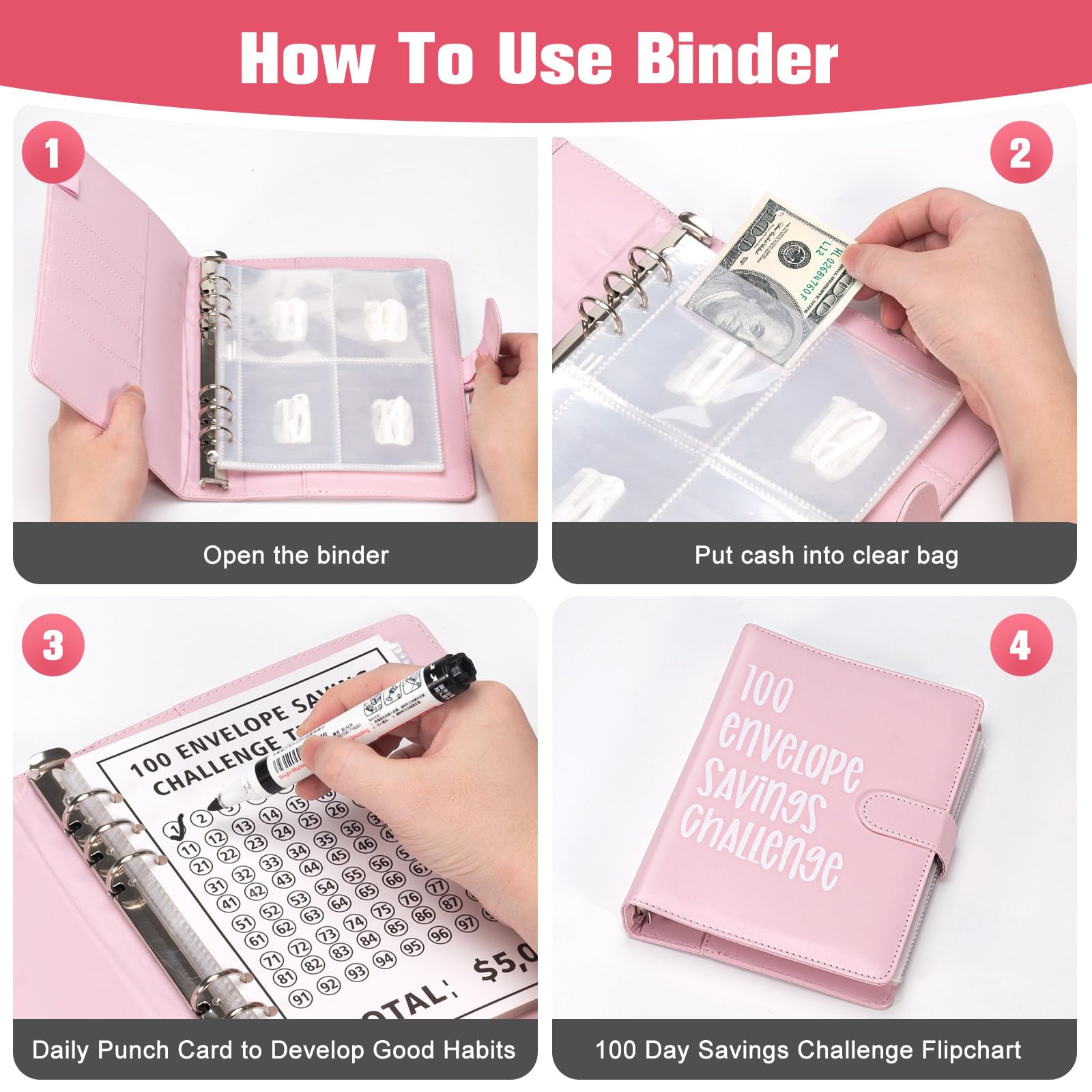 A5 Libro Del Risparmio, 100 Envelope Saving Challenge, Budget Planner Money Binder, Rosa