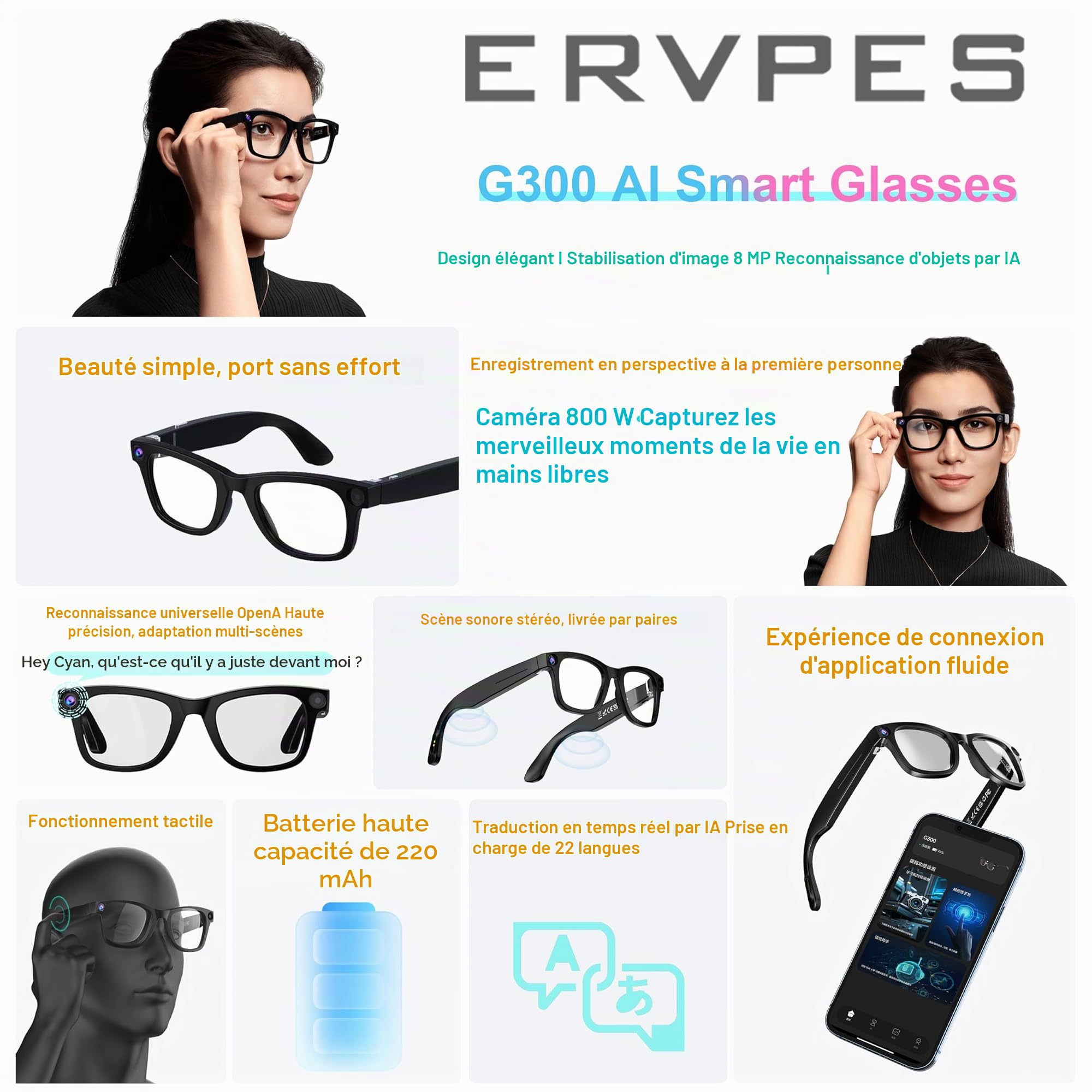 G300 Lunettes AI 8MP 1080P 32GB Traduction HiFi Verres solaires | Traduction Multilingue en Temps Réel, Double Haut-parleurs HIFI, Verres Solaires & Anti-Lumière Bleue