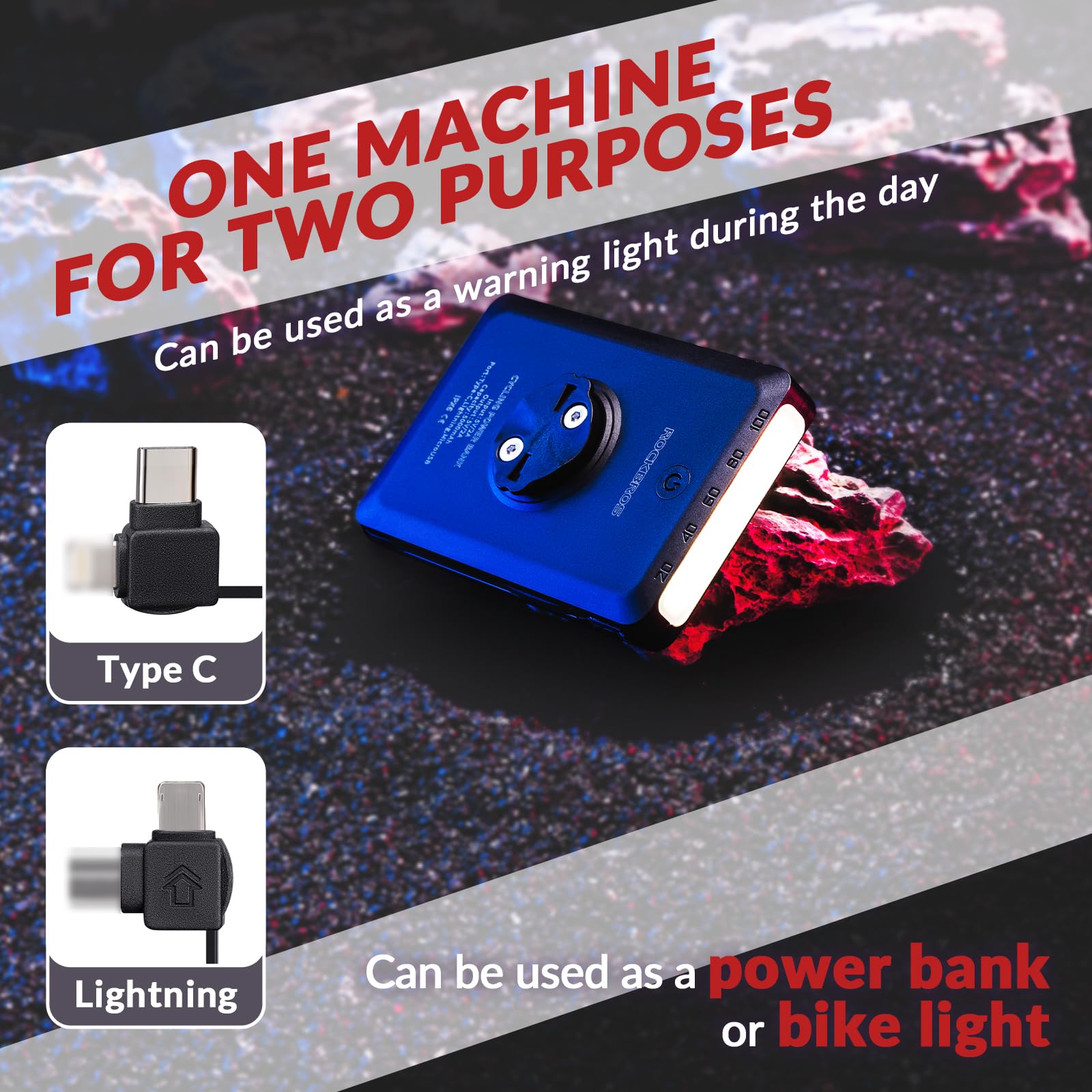 ROCKBROS Luce Bici, Power Bank Ricaricabile, Fanalino Anteriore MTB, 4 Modalità, Luce Bicicletta, Ricaricabile Type-C, USB, Lightning, Impermeabile IPX6, Adatto per Bici da Strada, Bici da Città