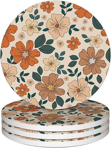 Posavasos para bebidas, juego de 4 posavasos absorbentes, posavasos de cerámica retro de los años 70 con base de corcho, posavasos para protección