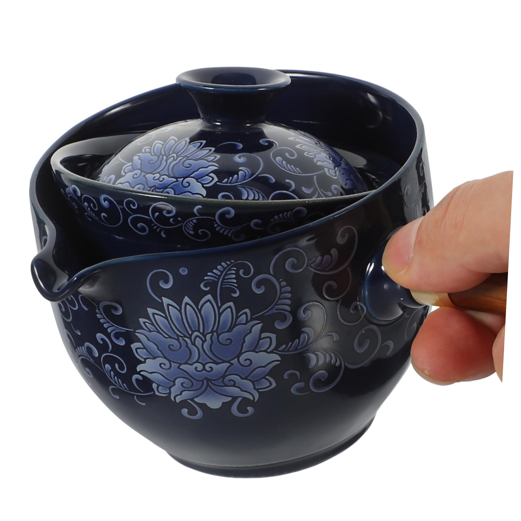 Tetera Giratoria China de Cerámica Asa Lateral 290 Ml | Color Azul Marino, Tapa de Madera, Diseño de Rotación 360 Grados, Uso en Mesa de Oficina y Escritorio