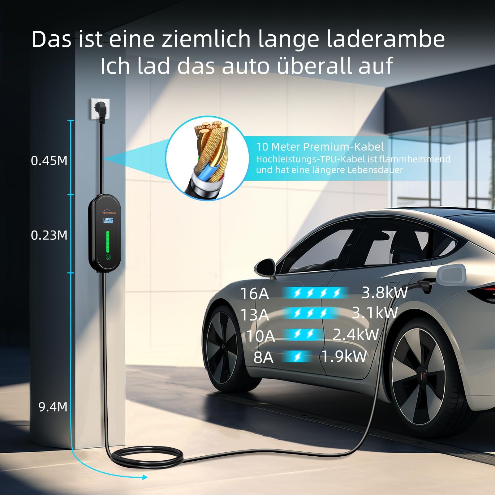 TopAutoGear E Auto ladekabel typ 2 schuko 220v, 10M Ladekabel 3.68KW 1-Phase, 8A/10A/13A/16A 230V Einstellbare Strom IP65, wasserdichte Ladegerätbox, Klarer LCD-Anzeige, Aufbewahrungstasche