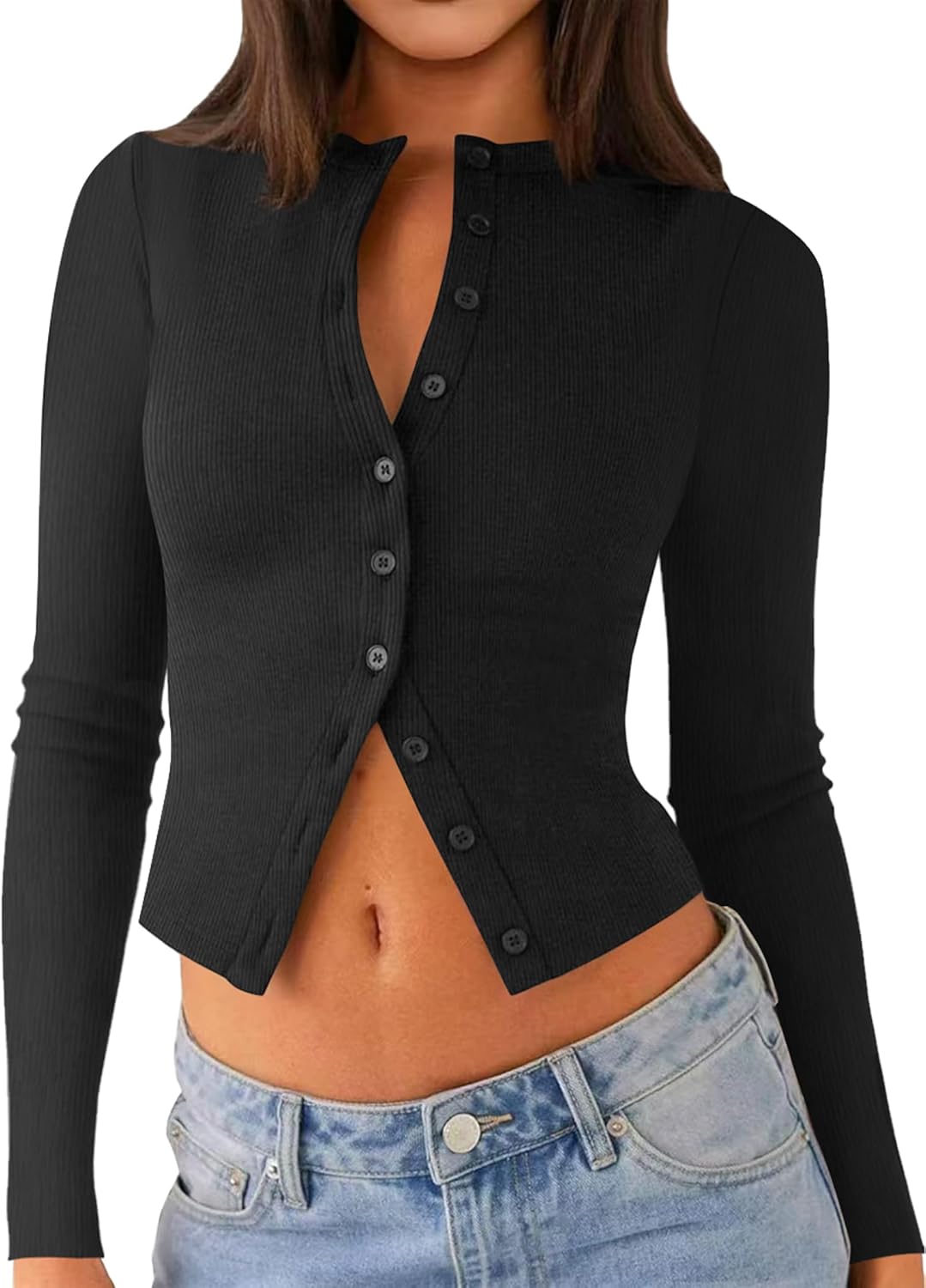 Womens Long Sleeve Tops Fall Lightweight Cardigan Cropped Going Out Shirts Ribbed Button Down Cute Trendy 2025 Black Medium