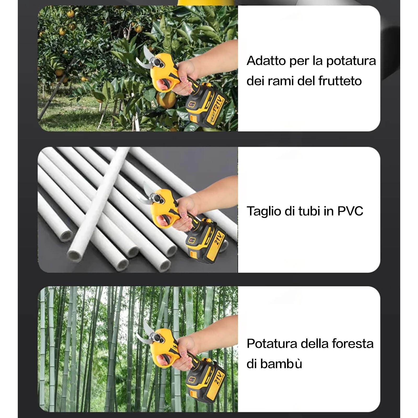VOLTIX Forbici Potatura Elettriche Professionali 30mm, Cesoie Elettriche a Batteria con 2 Batterie 21V, Forbici da Potatura per Giardinaggio, Ulivi, Alberi da Frutta e Vigneti, Giallo