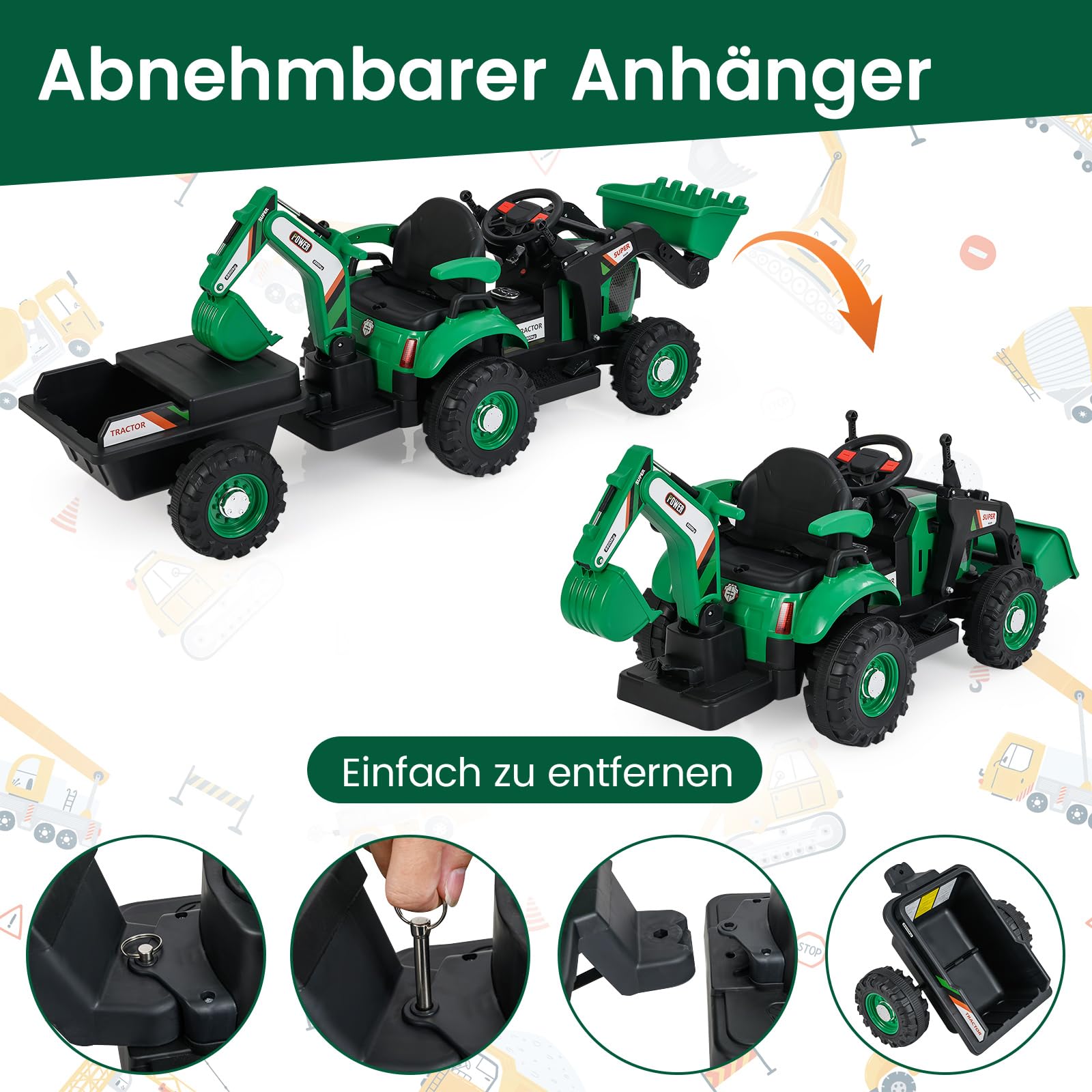 COSTWAY Elektro Traktor mit Anhänger & Schaufel, 12V Aufsitztraktor mit Fernbedienung, Sitzbagger mit LED Lichtern & Musik, Kinderbagger Elektrisch, Elektrotraktor für Kinder ab 3 Jahren (Grün)
