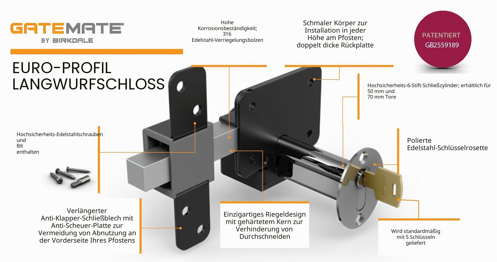 Gatemate 1490126 Doppelverriegelung P11 gleichschließender Euro-Überwurf, Schwarz/Edelstahl, 50 mm
