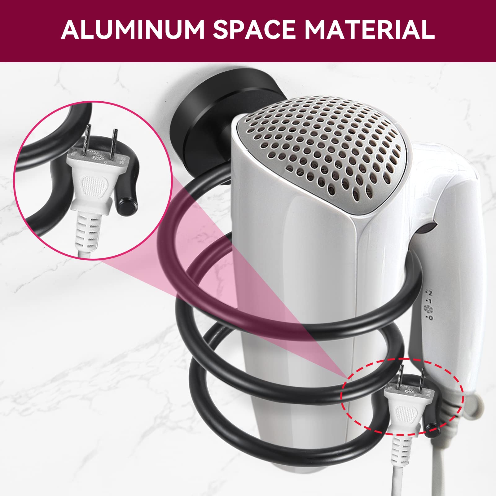 YUET Soporte para Secador de Pelo, Soporte Montado en Pared, Aluminio Pintado Negro, Almacenamiento para Baño