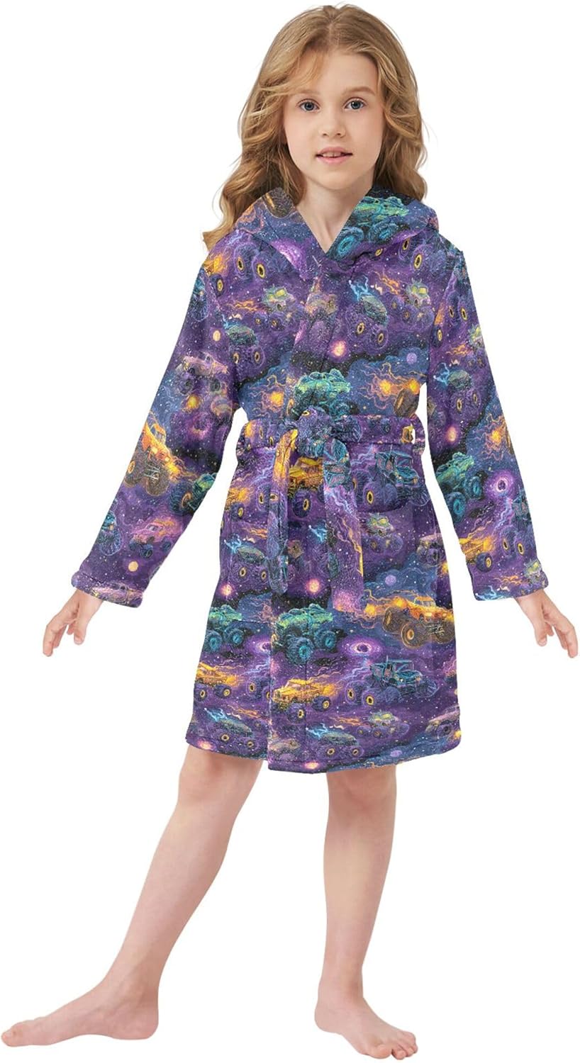 Monster Truck Cars Lightning Bathrobe Hooded PJ Robe Soft Fleece Robe Sleepwear 2-12 Years