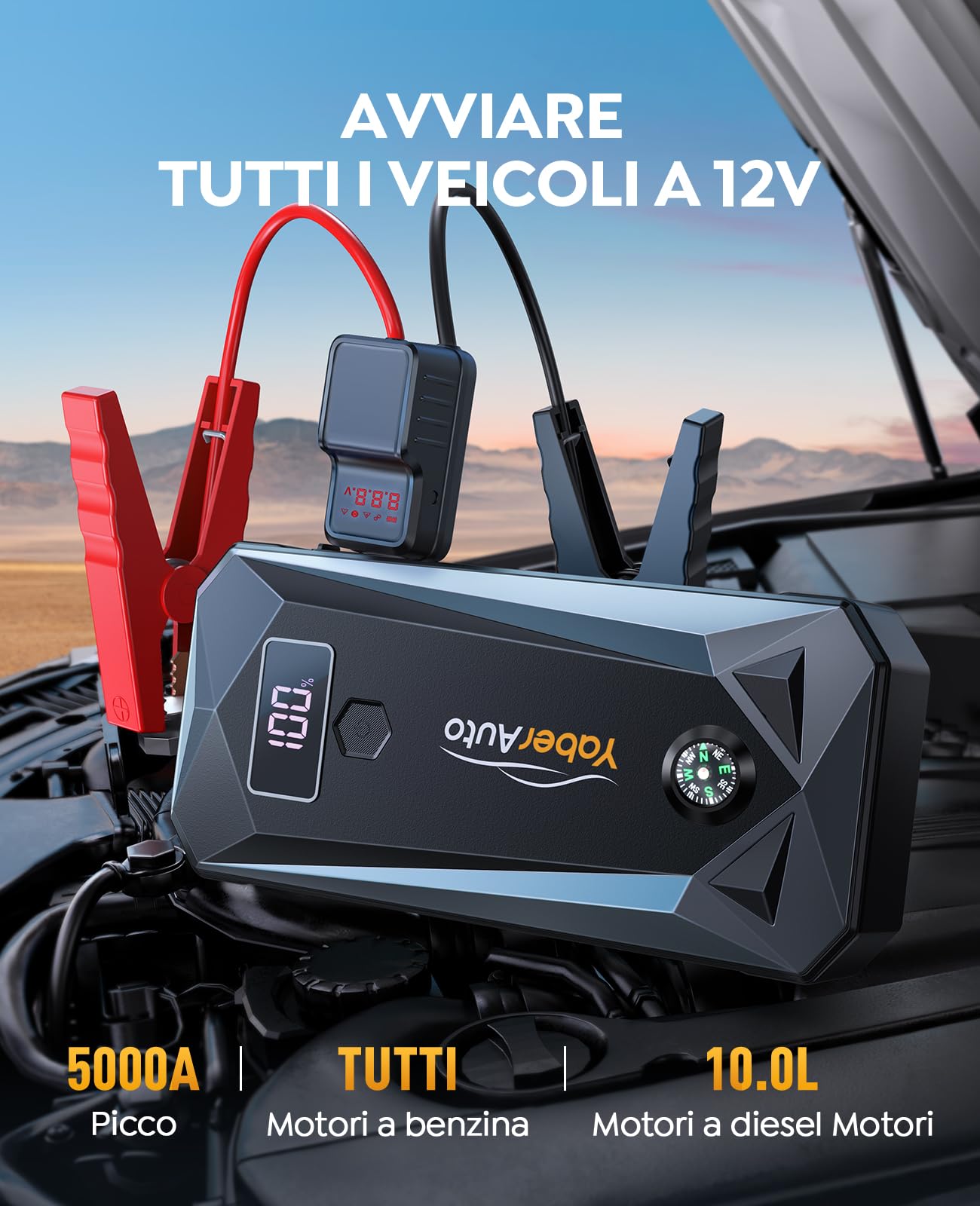 YaberAuto Booster Avviamento Auto 5000A 26800mAh Avviatore Emergenza per Auto(Tutto Benzina/10.0L Diesel) Avviatore Batteria Auto con Cavi Batteria Auto Estesi, intelligente Display LCD e Torcia LED
