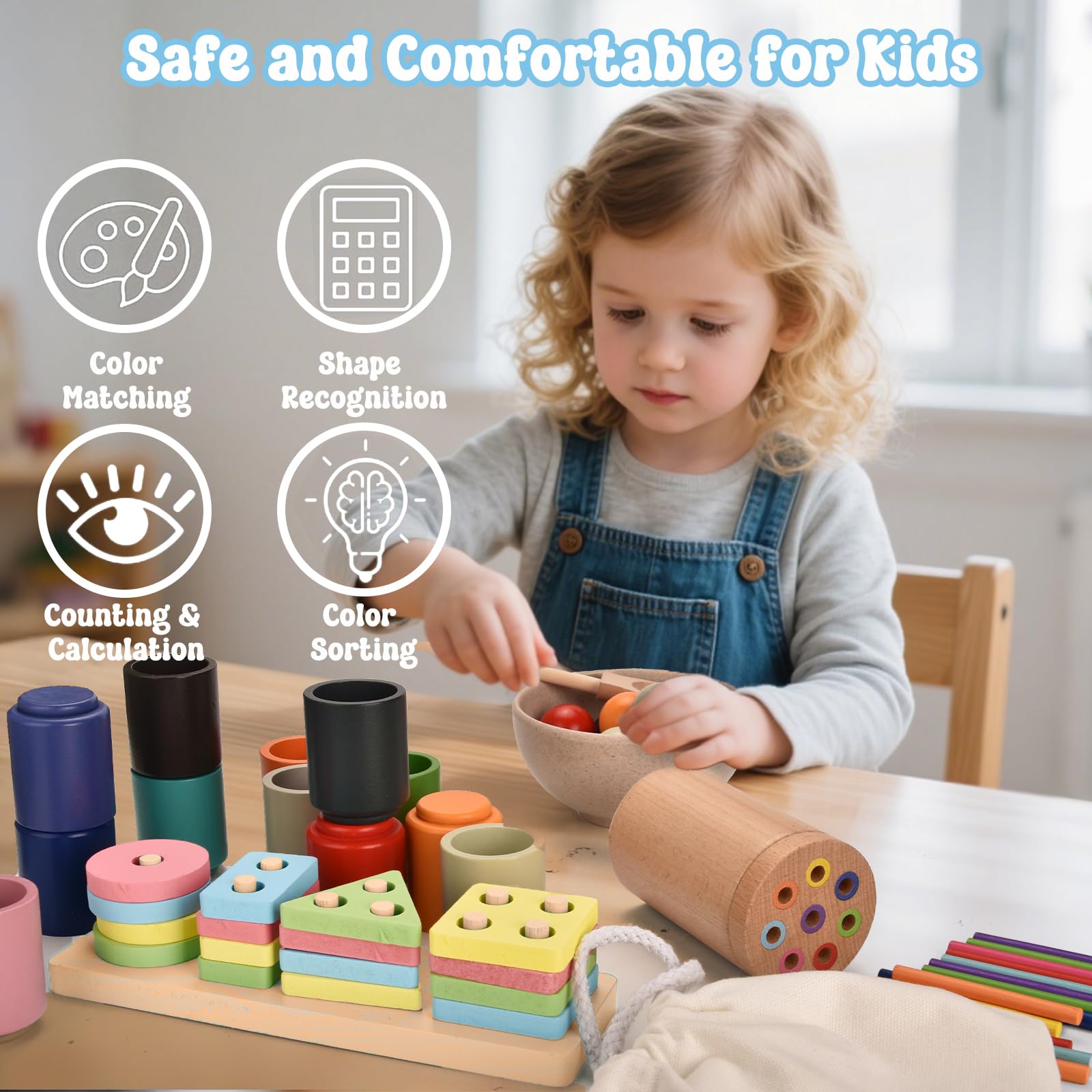 Majabike Giocattoli Montessori, educazione all'illuminazione, educazione sensoriale, classificazione dei colori e costruzione 3 in 1, adatti a bambini dai 18 ai 36 mesi.