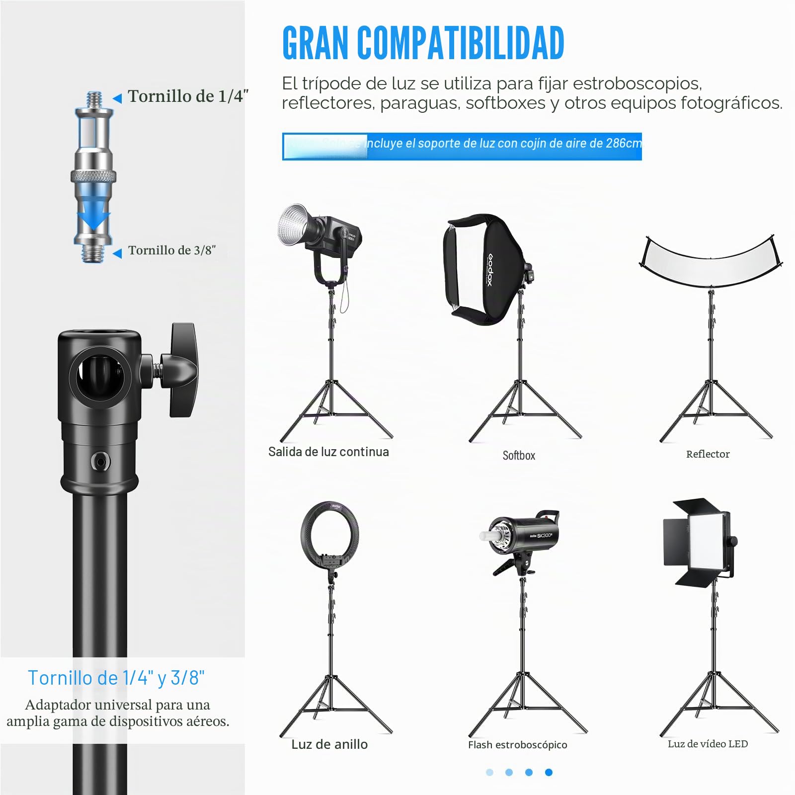 Godox Soporte de luz con Tornillo Universal de 1/4" a 3/8", 112 Pulgadas, Aluminio Resistente, trípode de luz para fotografía de Estudio (290F)
