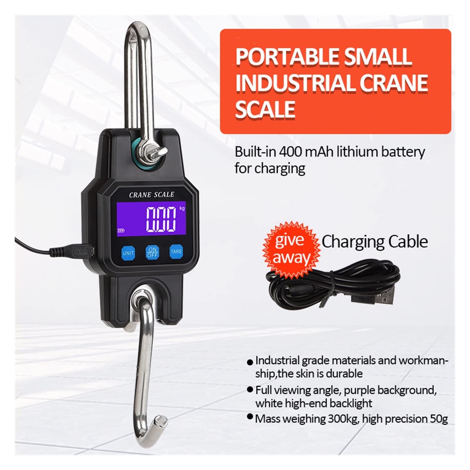 Báscula de grúa Báscula de grúa Industrial pequeña portátil, báscula de caza electrónica Digital de 300 kg/50g, báscula de pesca de doble precisión recargable Muy resistente(Nero)