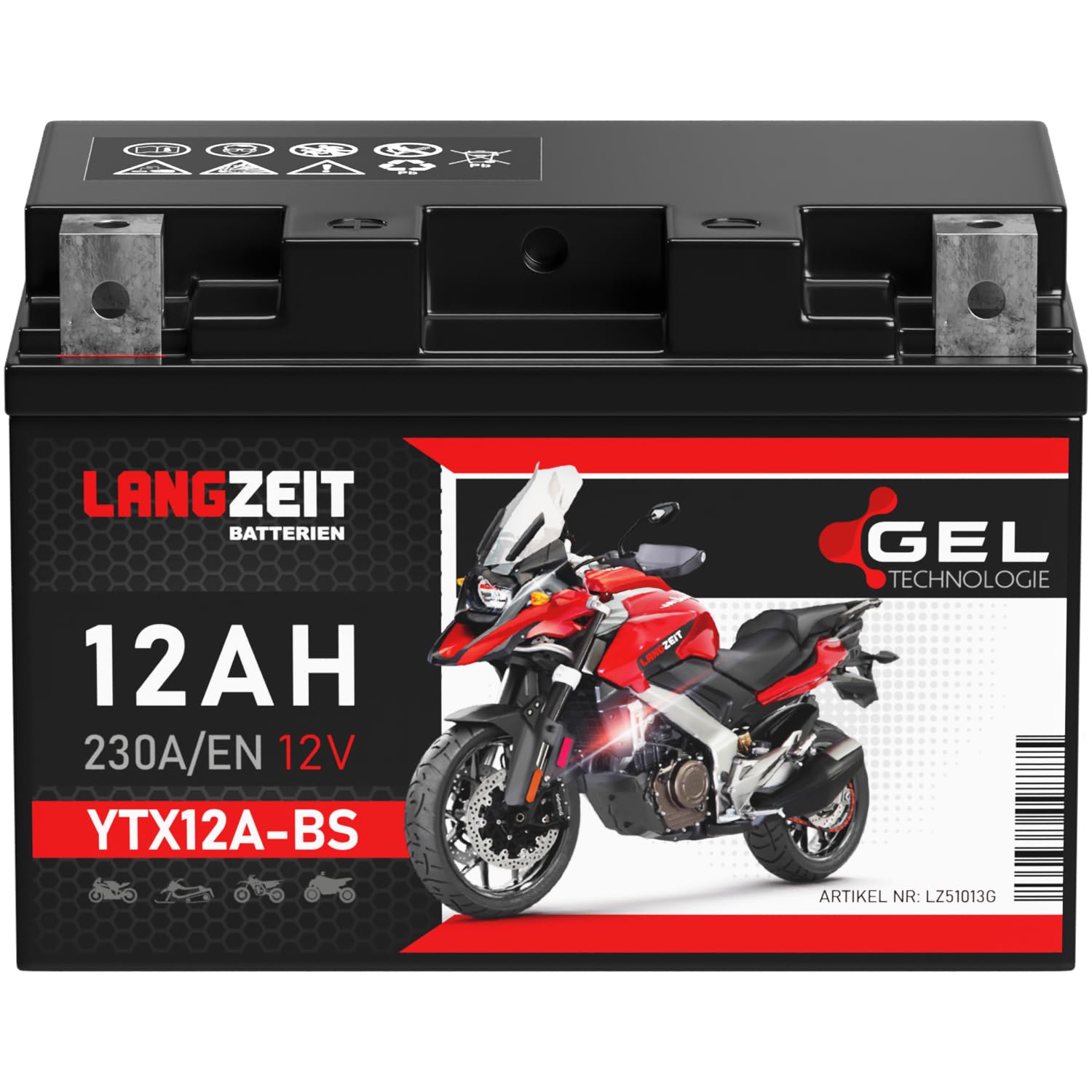 LANGZEIT YTX12A-BS batteria moto 12V 12Ah GEL YT12A 51013 sostituito 10Ah