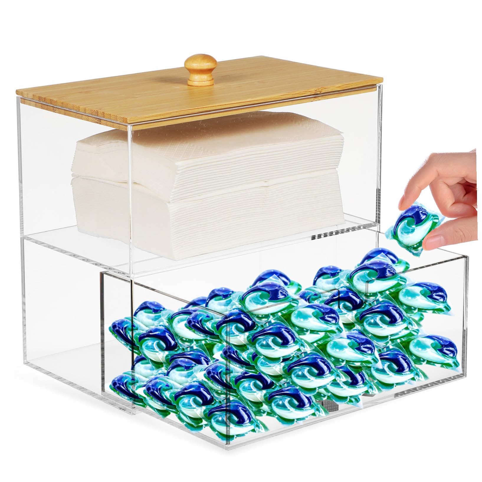 VALICLUD Aufbewahrungsbox für Waschmittelkapseln mit Deckel aus Acryl und Bambus Wäscheorganisation mit Doppeltem Fach für Waschraum 175x115x165mm