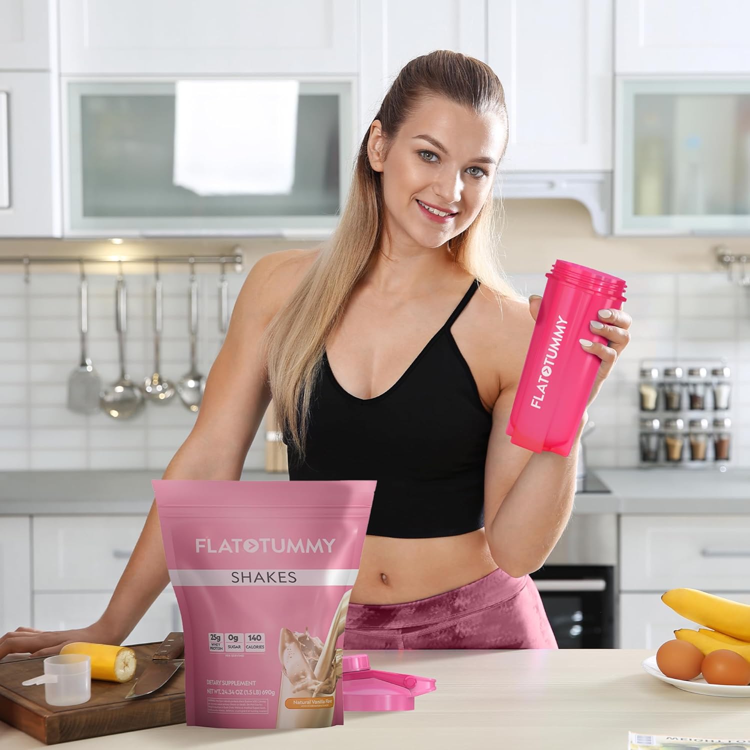 Flat Tummy Protein Shaker Bottle with Powder Storage - Pink Blender Bottle Shaker 20oz - Protein Mixer with Protein Shaker Ball - Cute Shaker Bottle for Women - Preworkout Bottle