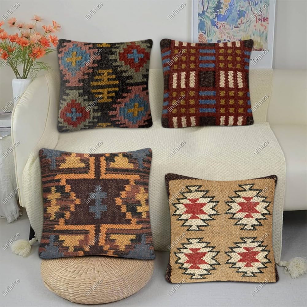 Lot de 4 housses de coussin vintage jute laine chaise bohème 45cm