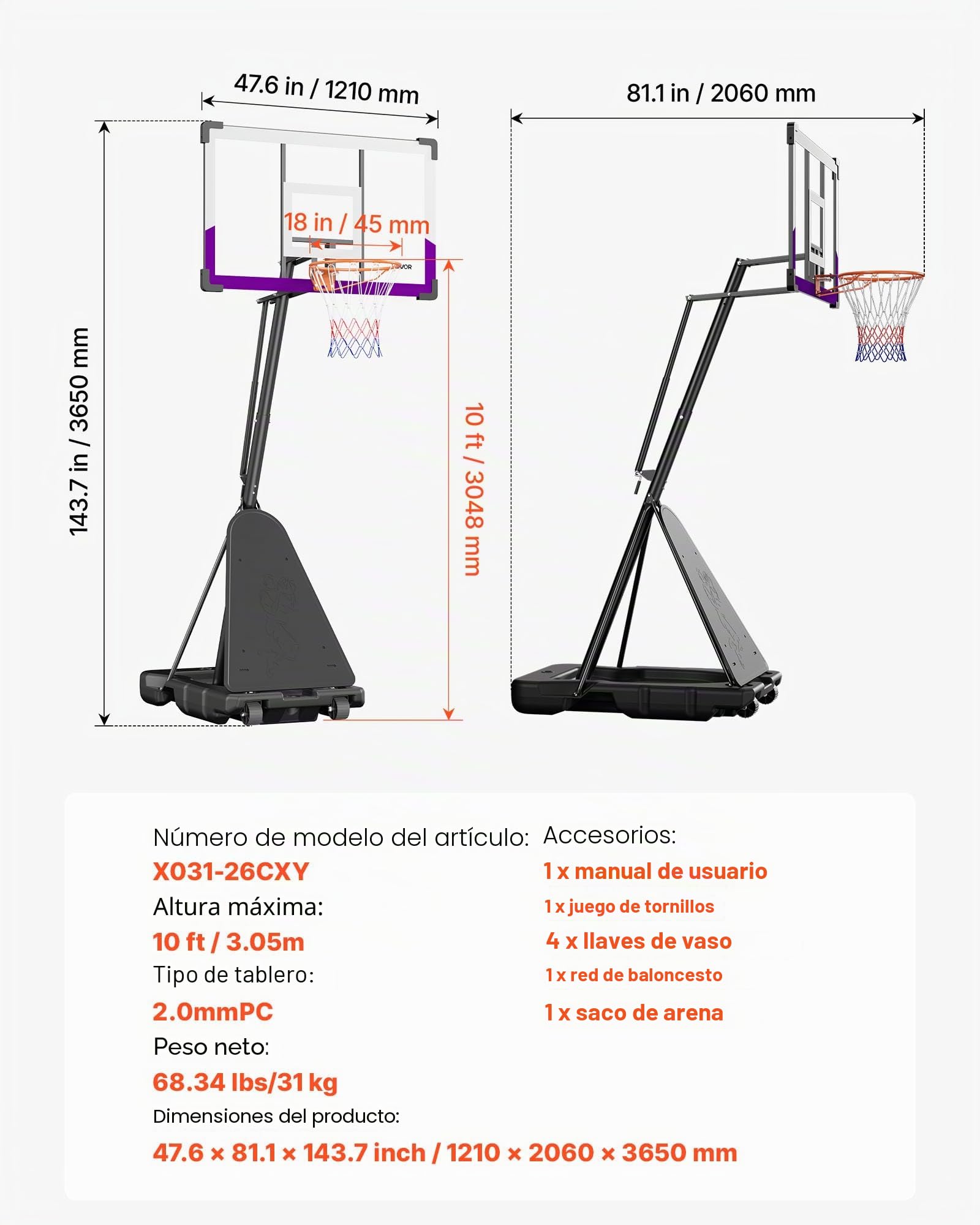 VEVOR Canasta de Baloncesto Portátil, Aro de Baloncesto Ajustable en Altura Manual hasta 3,05 m, con Tablero de Policarbonato de 1219,2 mm, Ideal para Terrazas y Colegios, 1210 x 2060 x 3650 mm