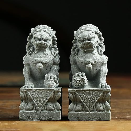Miniatura 9 de Foo Dogs Estatuas Par de estatuas de león guardián Fu Foo Perros Estatuas de piedra chino Feng Shui Decoración Inauguración de la casa