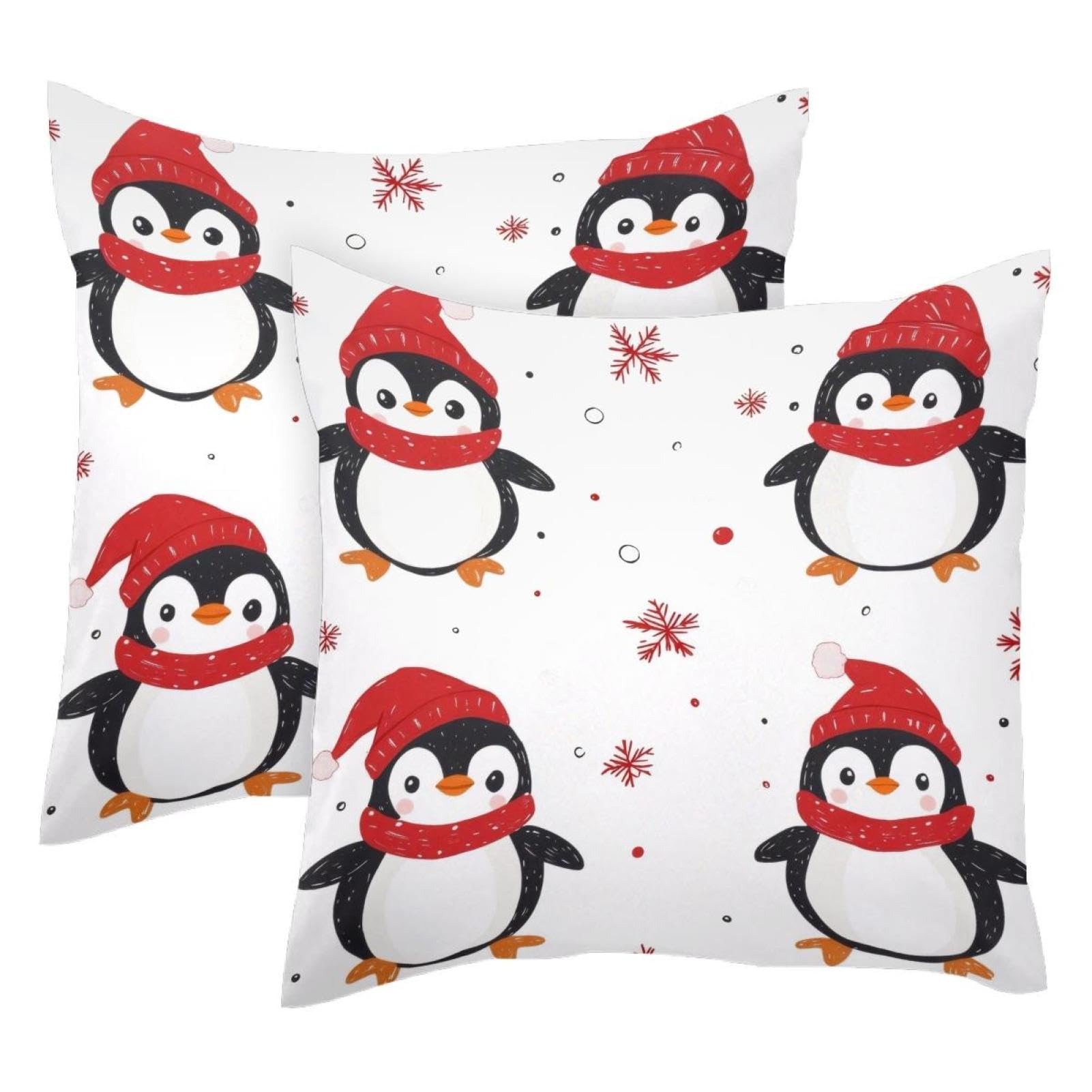 Taie de coussin pingouins de Noël en velours doux, finition luxe double face 50 x 50 cm