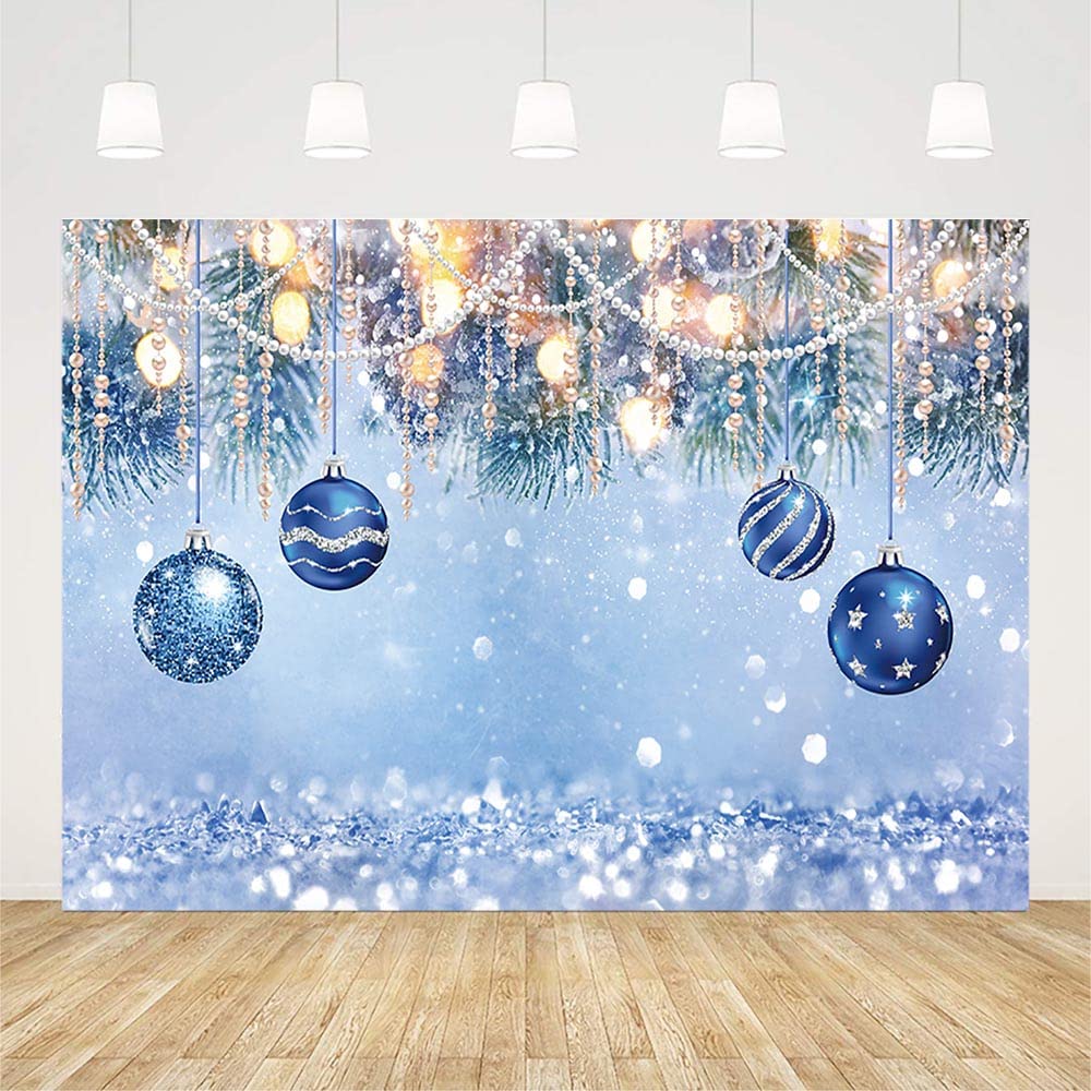 CHNYWORK 12x10ft Merry Christmas Backdrop 2025 Silver Christmas Balls Stars Snowflakes Diamonds Ribbons Bells Blue Background Happy New Year Eve Party Decor Portrait Photo Studio Booth Props Wallpaper