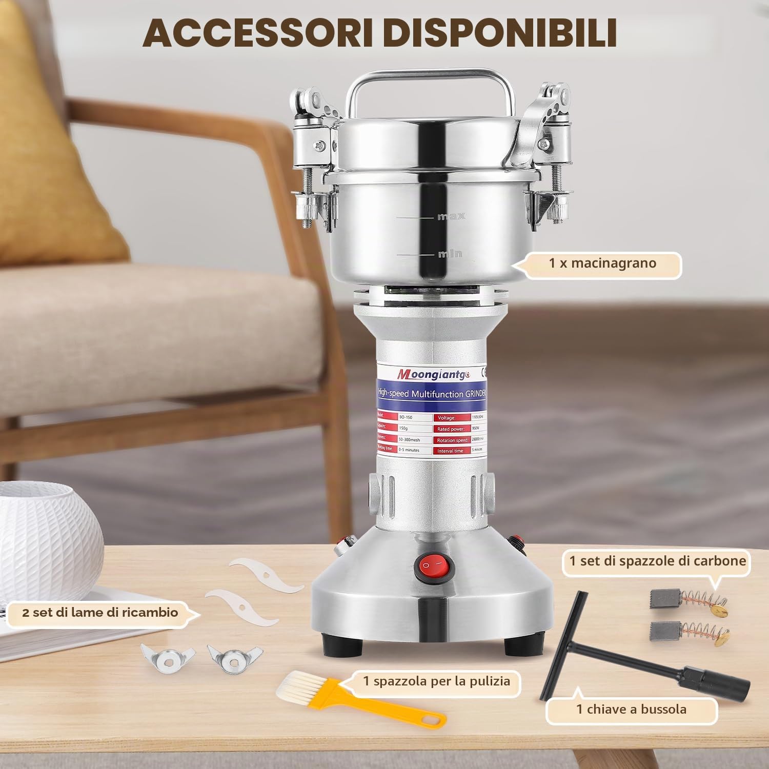 Moongiantgo Mulino Elettrico per Cereali 150g Mulino per Spezie Acciaio Inossidabile, 950W 28000RPM Motore Commerciale & 30s Rettifica Superfine ad Alta Velocità, per Cereali/Erbe/Spezie/Noci