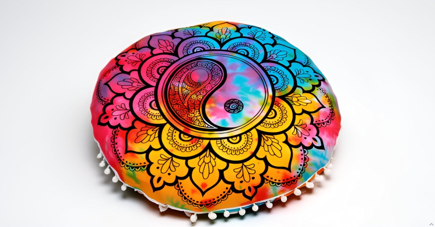 CRAFT KALA 22" Mandala Meditation Floor Pillows Cover Pouf Cover Round Seating Bohemian Mandala Cotton Floor Cushion Cover Outdoor Fireplace Seating Living Room Yoga Room Home Décor (Multi Yin Yang)