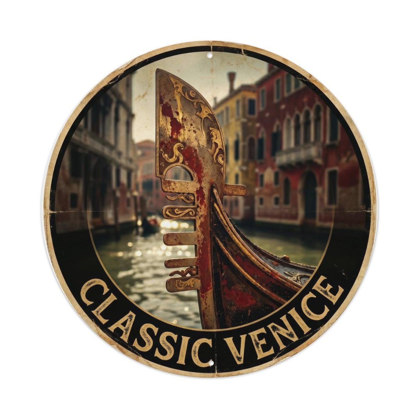 European Venice Gondola Travel Lagoon Landmark Heritage Metal Tin Sign Plaque Wall Decor for Cafe, Man Cave, Club Bar, Office, Home Garden Round Metal Poster 8x8Inch