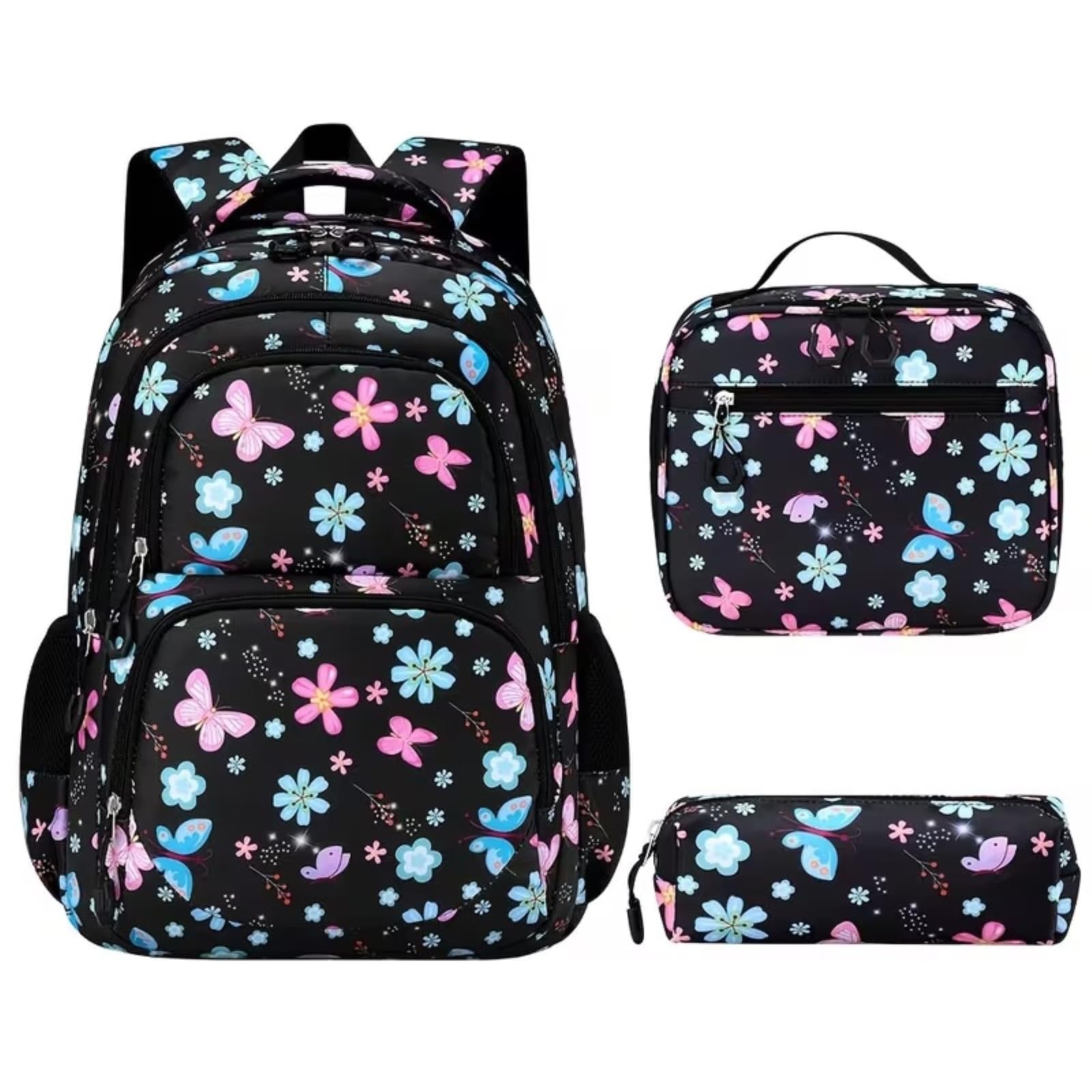 Zaino da Viaggio 3 in 1 Farfalla Floral-Stampa Set Scola con Sacchetto A Pranzo E Borsa Matita per Ragazze Adolescenti
