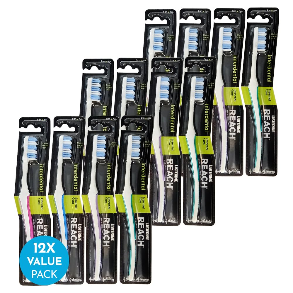 Essential Care Interdental Firm Toothbrush, Single Pack x 12, Full Head Hard Bristle Manual Toothbrushes, Variety Colors Multipack, Daily Oral Enamel Dental Care Bullet Point