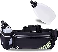 MOVOYEE Running Belt with Water Bottle Holder - Fits iPhone 16/15/14 Pro Max/Galaxy - Bounce-Free Reflective Hydration Fanny Pack for Runners Men Women
