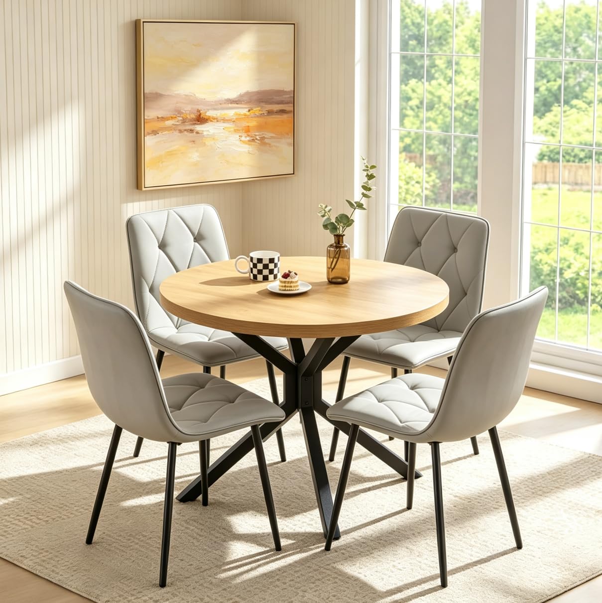 Pantanal 95cm Round Oak Wood Dining Table and White Leather Chairs Set of 4, Modern 5 Pieces Compact Kitchen Table with 4 Elegant Argyle Grid Chairs for Dinette Restaurant Small Space