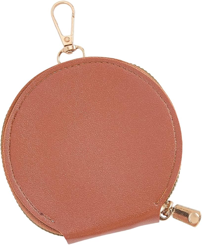 PVC Portable Mini Vintage Zipper Wallet Pouch Solid Color Small Change Purse Round Coin Bag with Keychain Pocket Cash Bag Keychain for Women Jewelry Earphones Money Organizer(Brown)