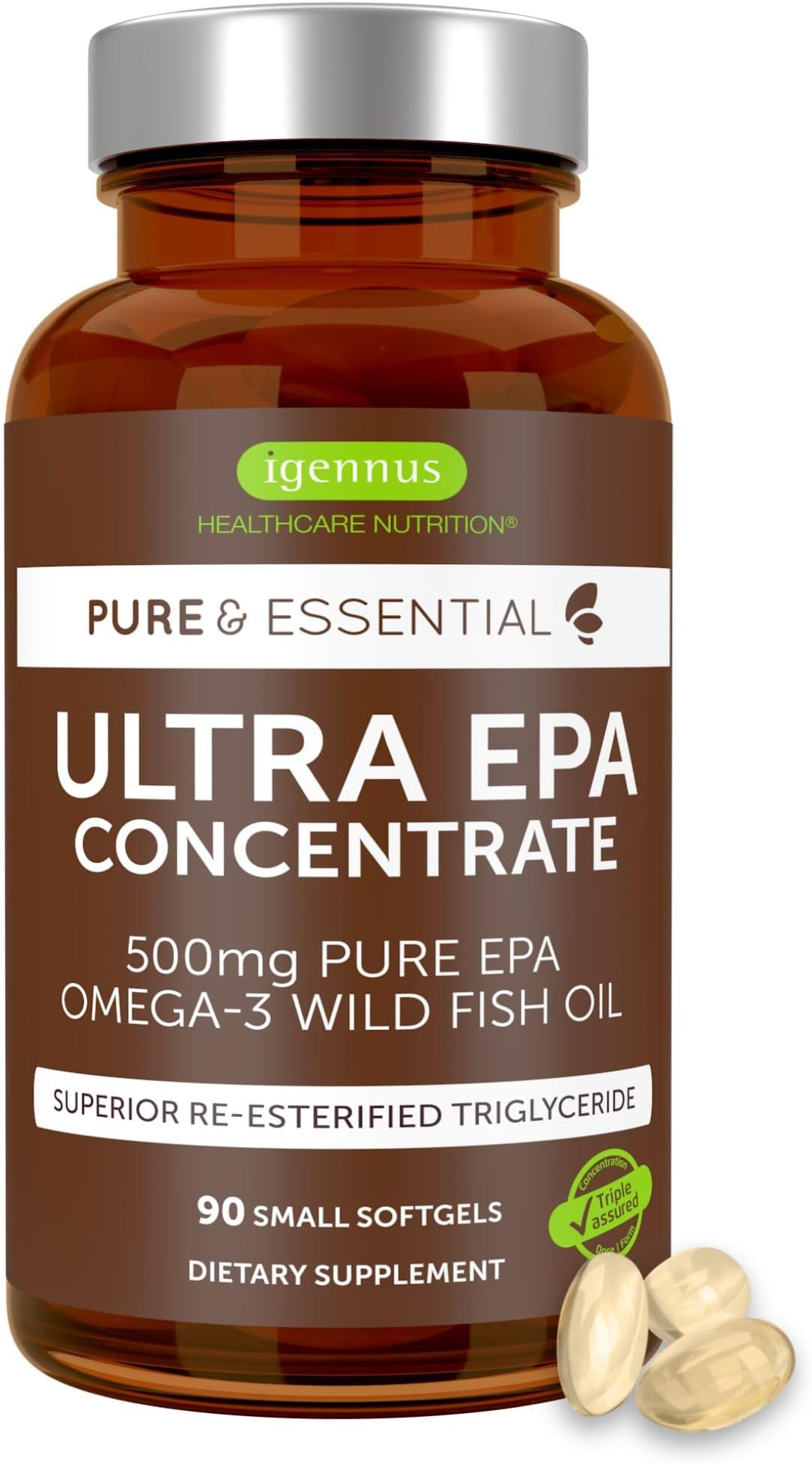 Pure & Essential Ultra Pure EPA Omega-3 Concentrate 500 mg, Wild Fish Oil, rTG, 90 Small Softgels