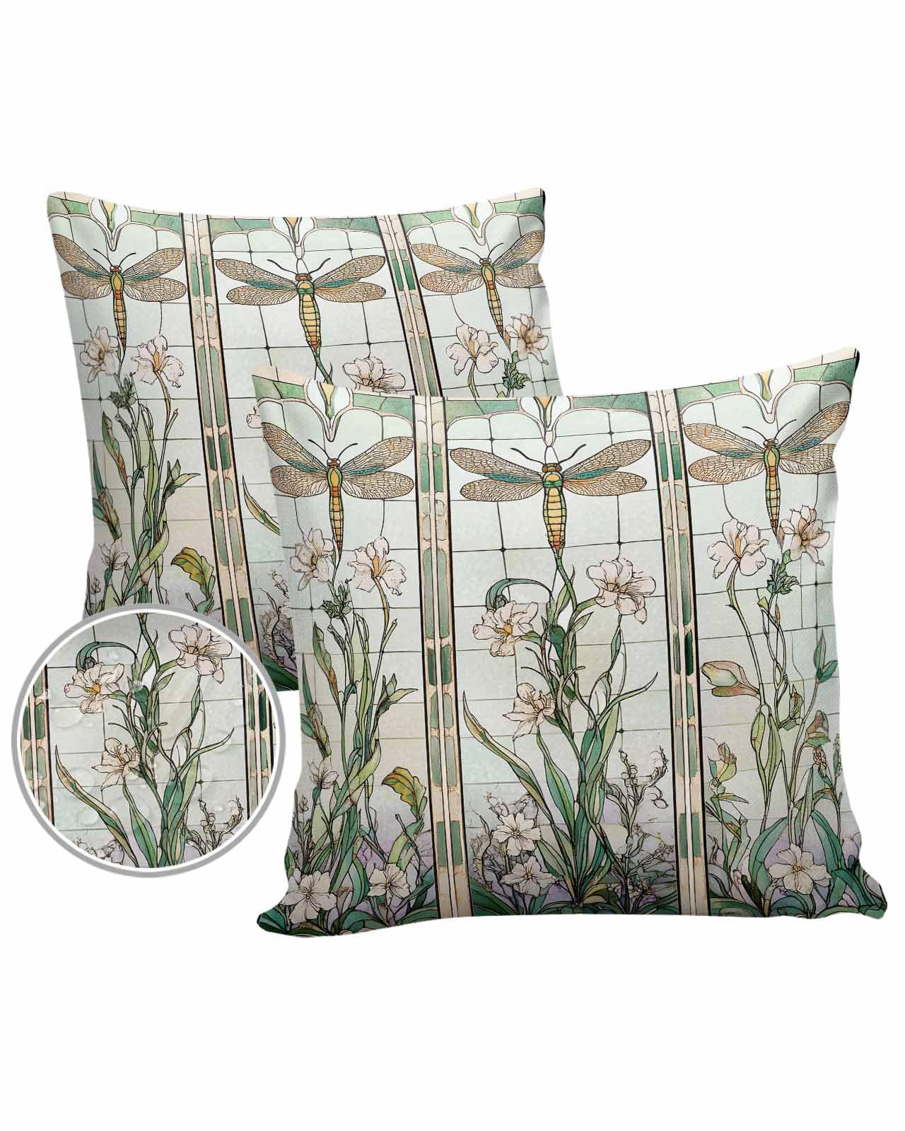 Flower Dragonfly Outdoor Pillow Cover 16x16 Inch Cushion Sham Case, Retro Colored Glass Green Leaves Waterproof Decorative Square Throw Pillowcase for Outside Garden Patio Porch Couch Chair Tent
