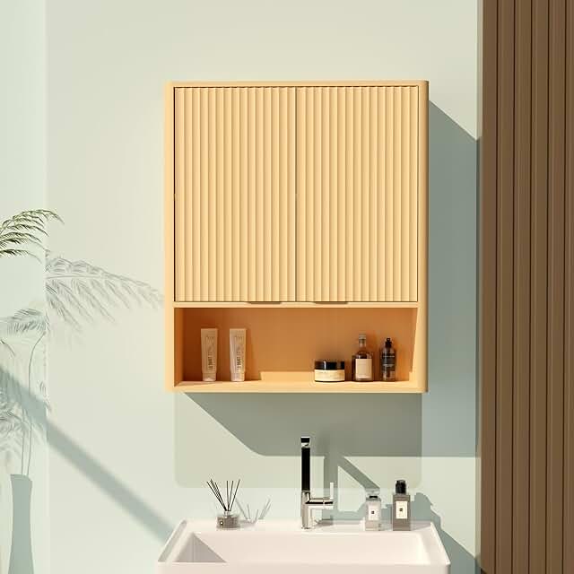 Fluted Curved Bathroom Wall Cabinet,Over The Toilet Cabinet with Adjusta...