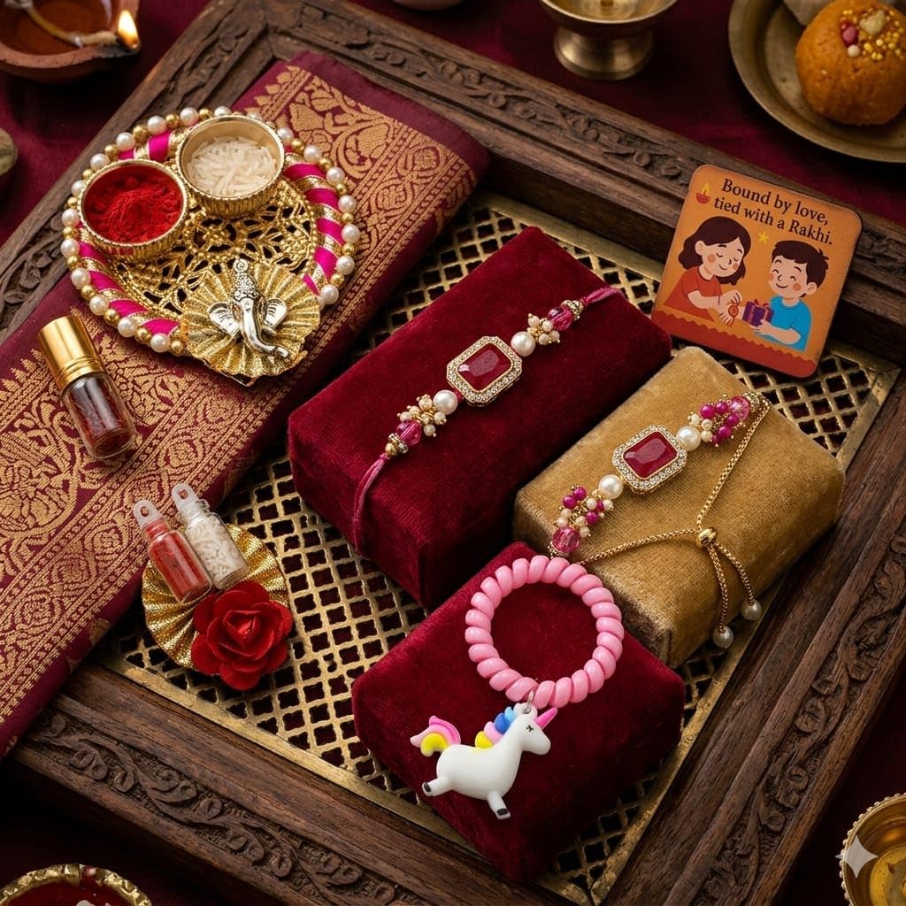 SAUDEEP INDIA Decorative Fridge Magnet for Refrigerator Decor | Family Rakhi Set for Bhaiya Bhabhi Kid | Raksha Bandhan Gift Combo | Cotton Thread Rakhi Festive Gift Home Decor(Family Combo)