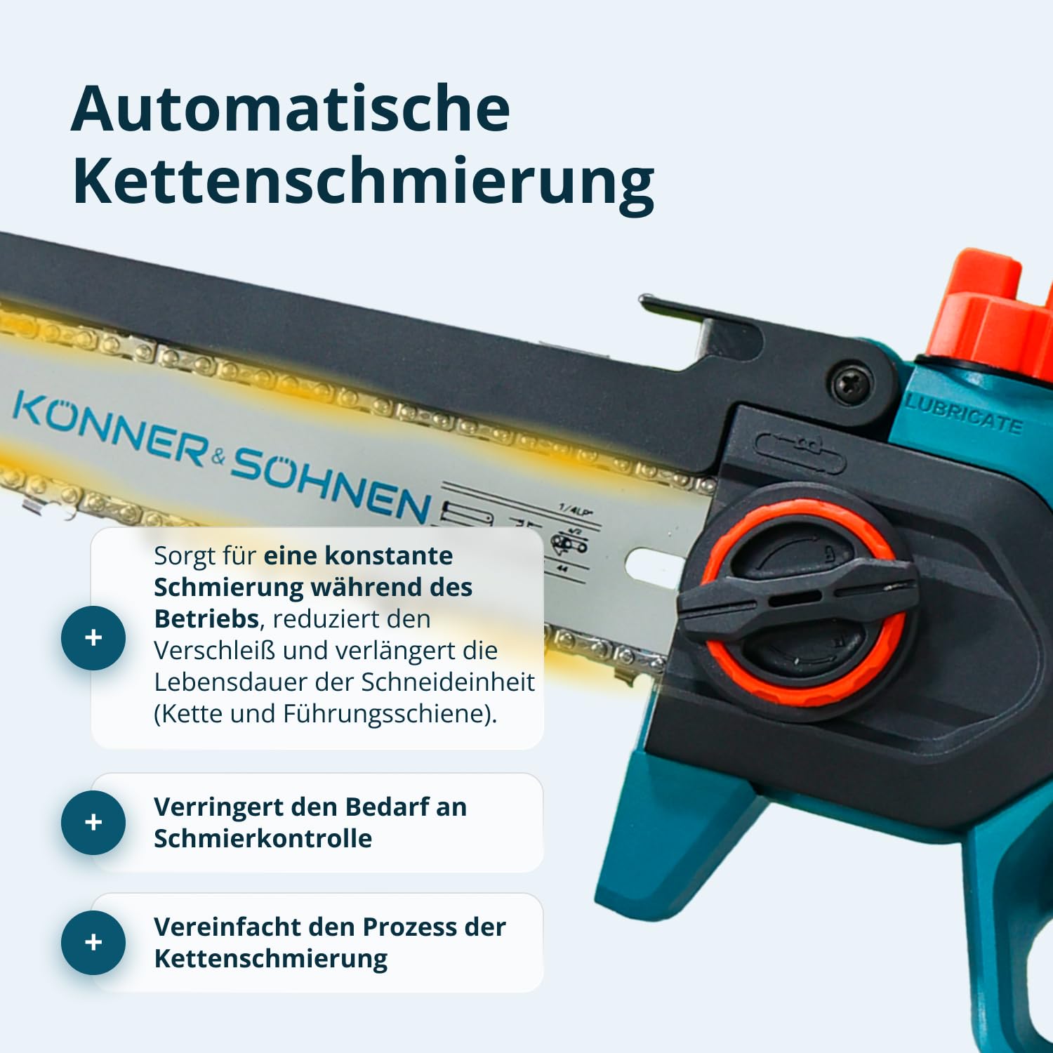 K&S Könner&Söhnen KS MCS20V-8 CASE PLUS - Minimotosierra inalámbrica con riel de 8 pulgadas y velocidad de cadena de 8 m/s, cargador de batería de 20 V y 2 rieles y 2 cadenas de 8 pulgadas. Batería KS